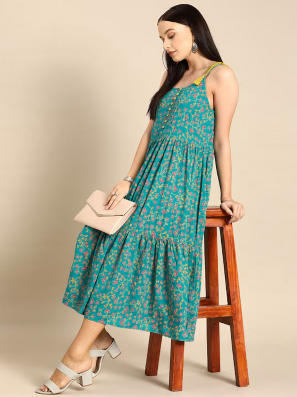Green & pink ethnic motifs print tiered A-Line midi dress COTTON GREEN M