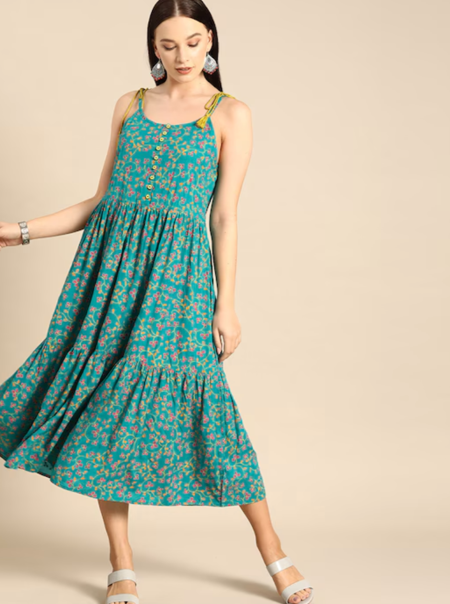 Green & pink ethnic motifs print tiered a-line midi dress - cotton / m - women