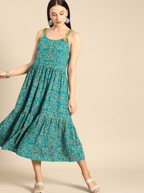 Green & pink ethnic motifs print tiered A-Line midi dress