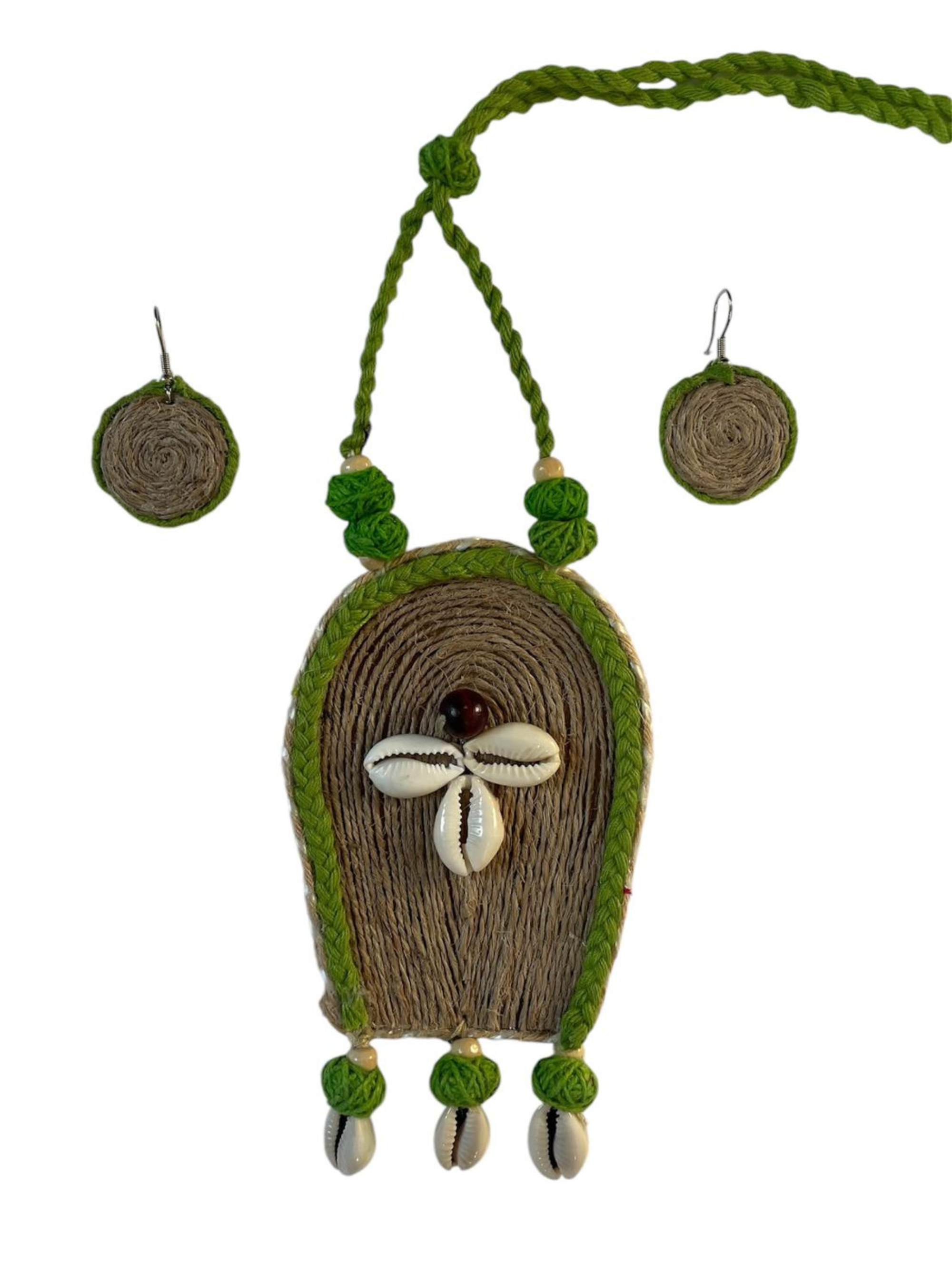 Eco-friendly Handmade Green robot kawri necklace set || Jute Jewelry Set || Beach Wedding Jewelry for Bride