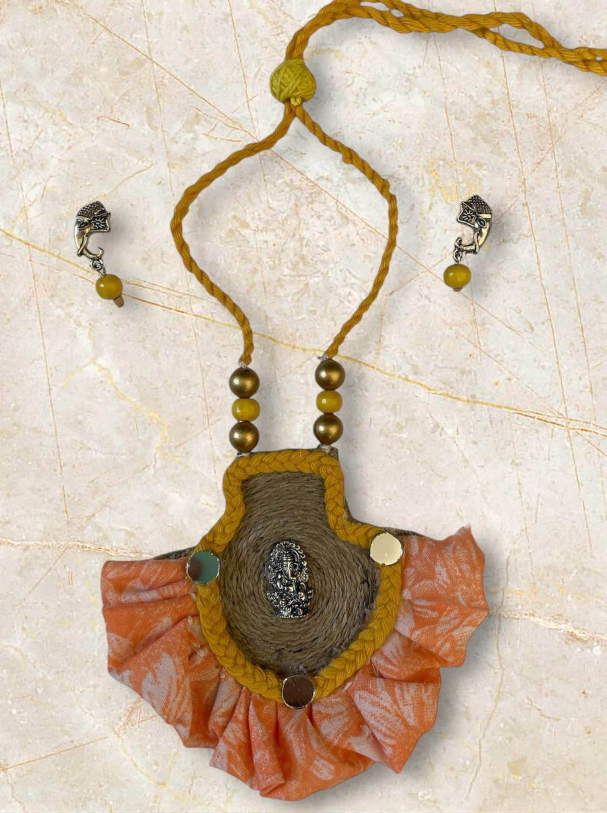 Eco-friendly Handmade Half rounded Ganesha necklace set || Jute Jewelry Set || Beach Wedding Jewelry for Bride