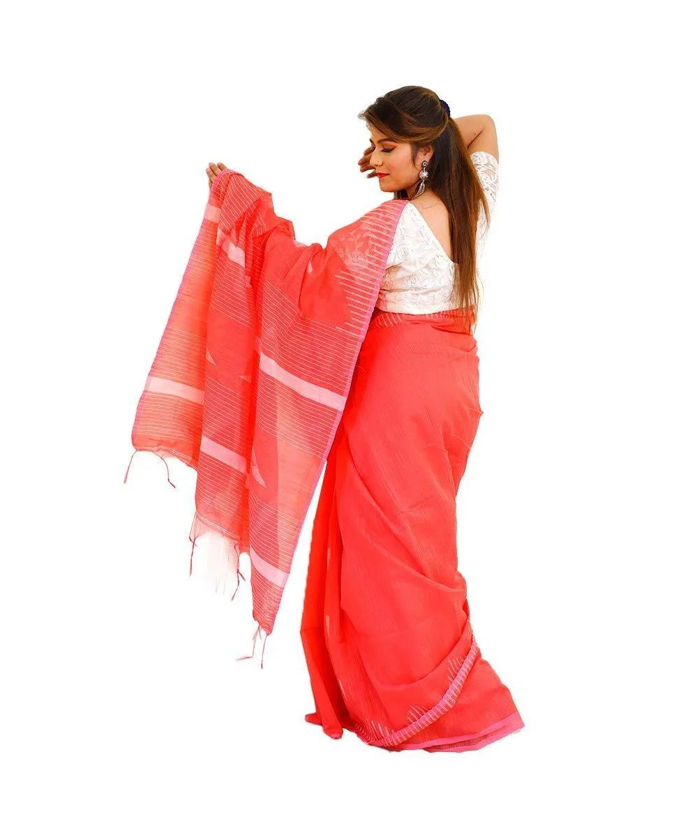 Handloom Silk Saree Orange Temple Design