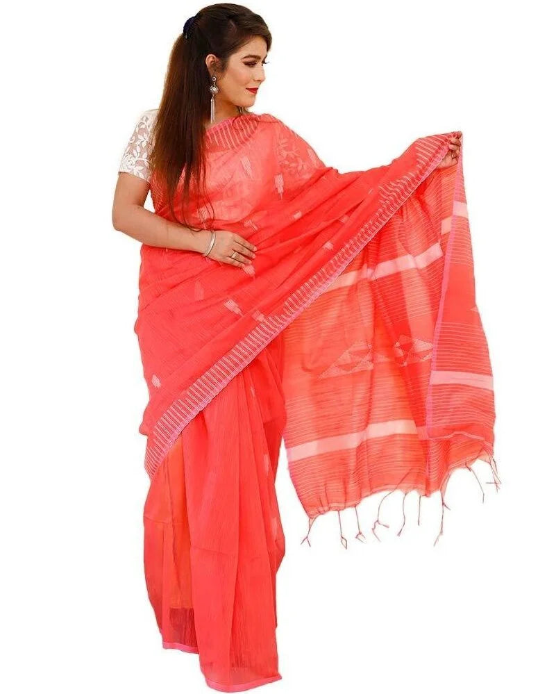 Handloom Silk Saree Orange Temple Design