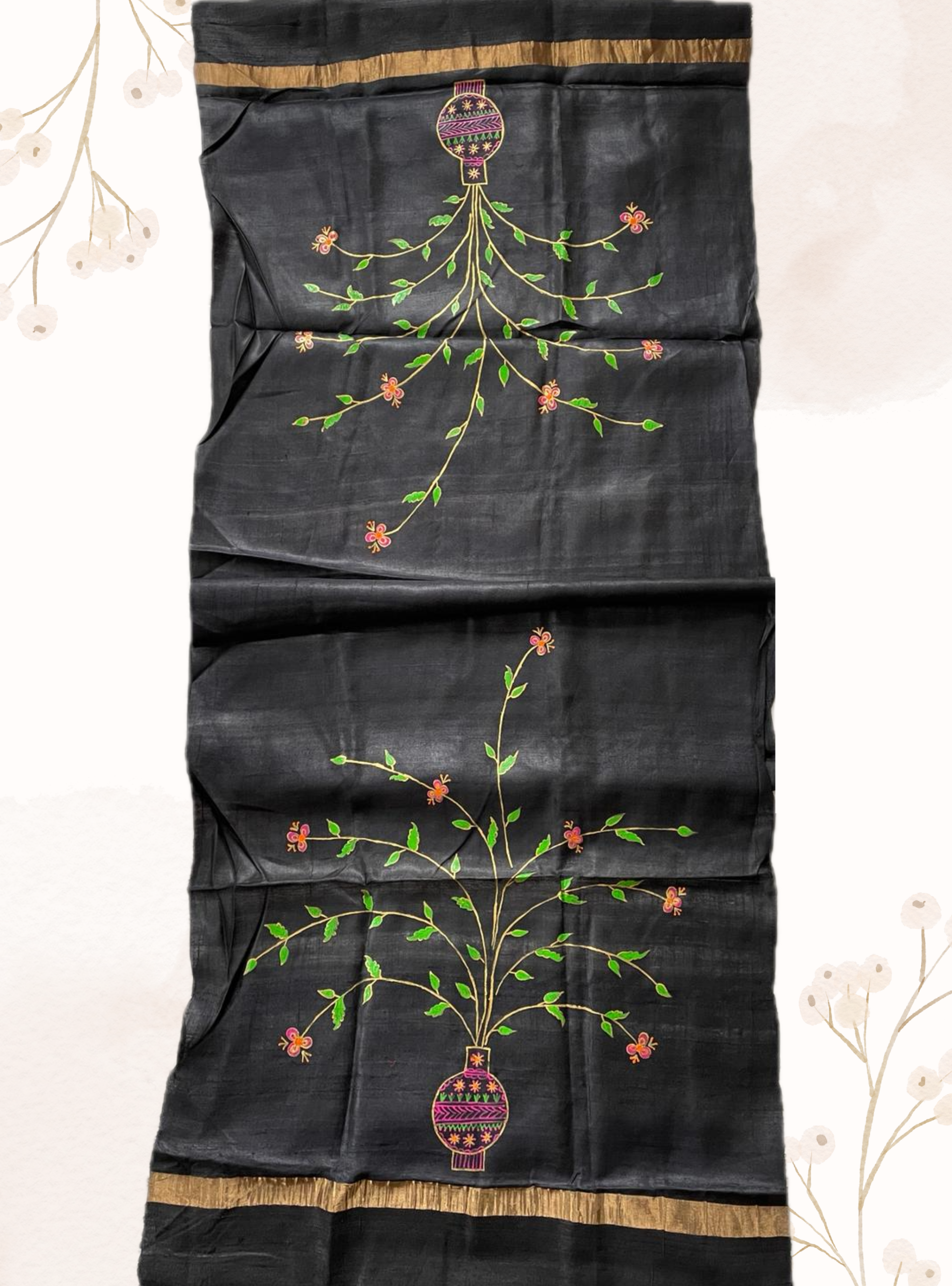 Handwoven tussar silk stole with handpainted godna art - black