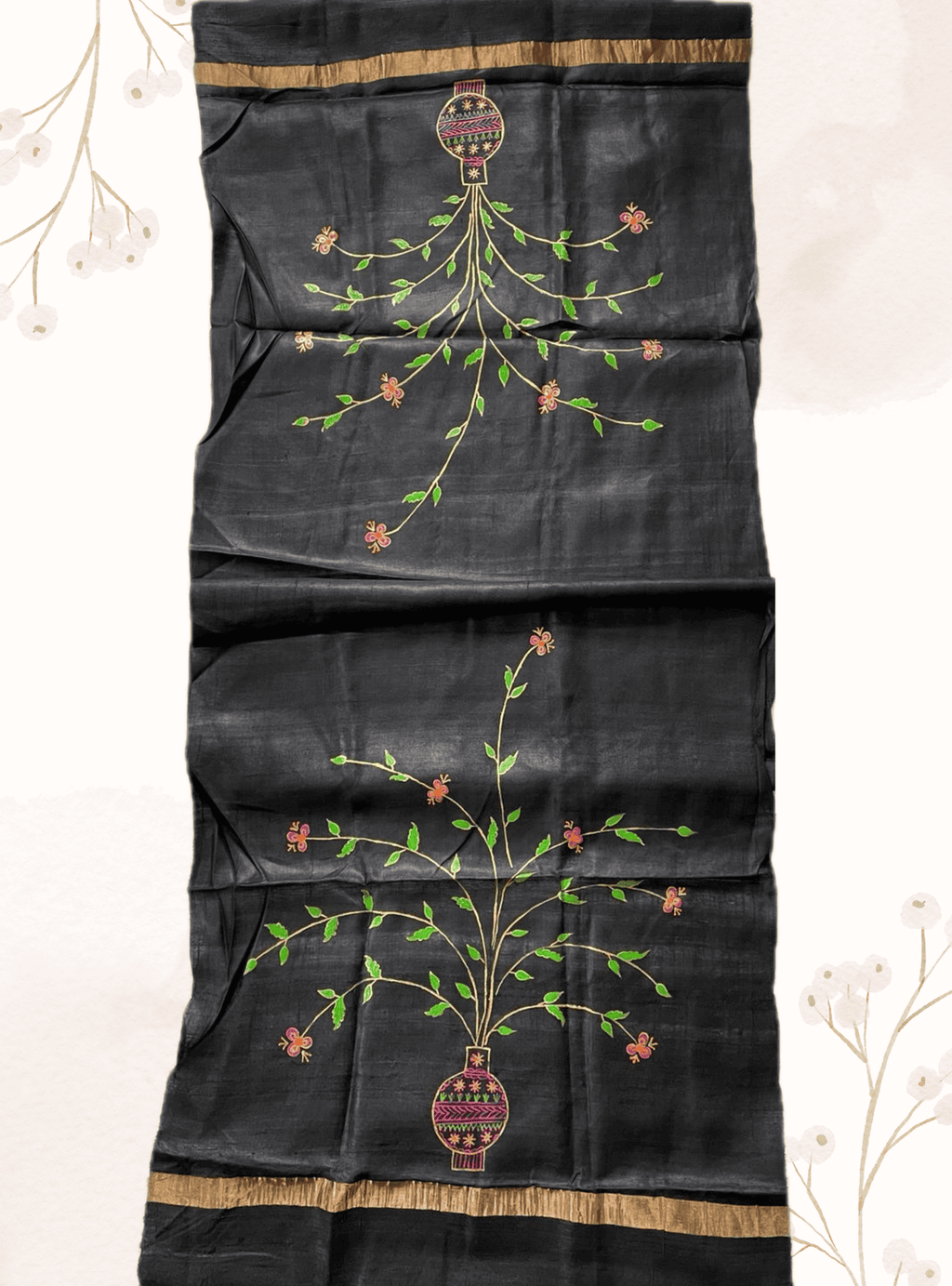 Handwoven tussar silk stole with handpainted godna art - black