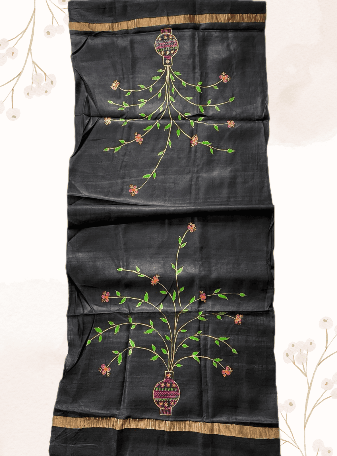 Handwoven tussar silk stole with handpainted godna art - black