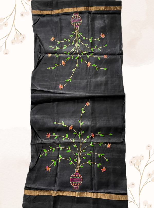 Handwoven tussar silk stole with handpainted godna art - black