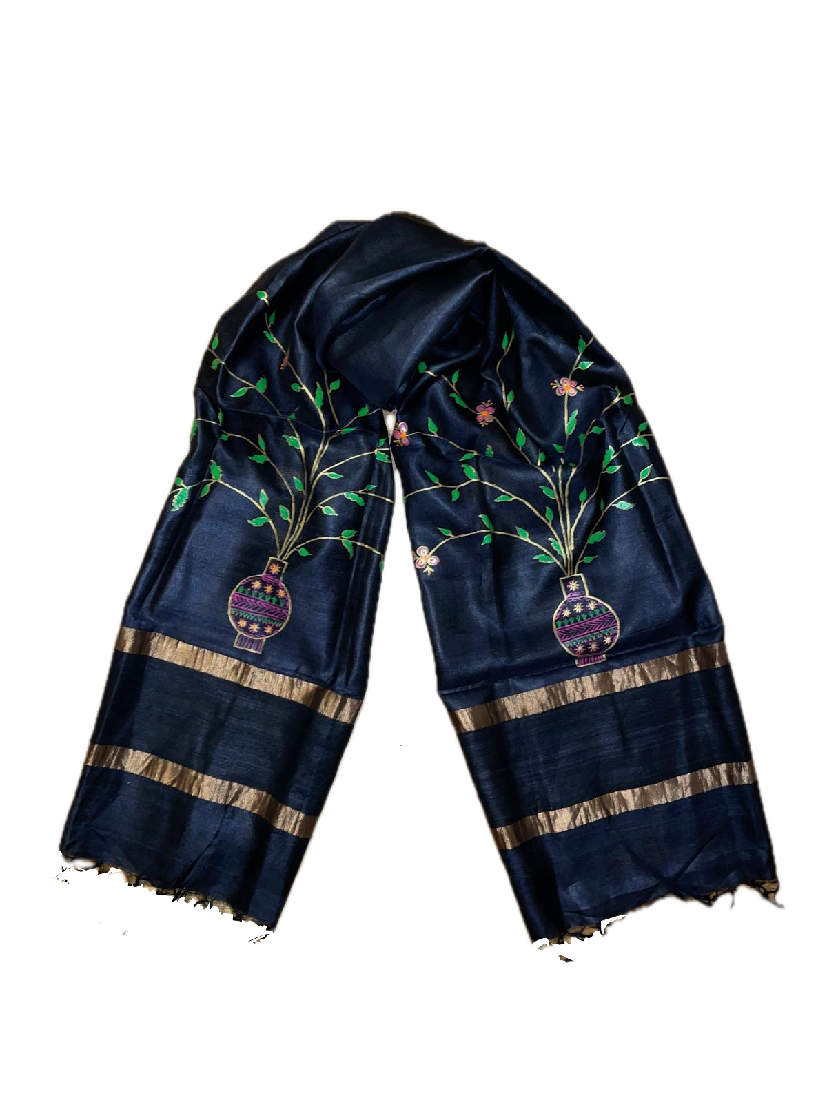 Handwoven tussar silk stole with handpainted godna art - black