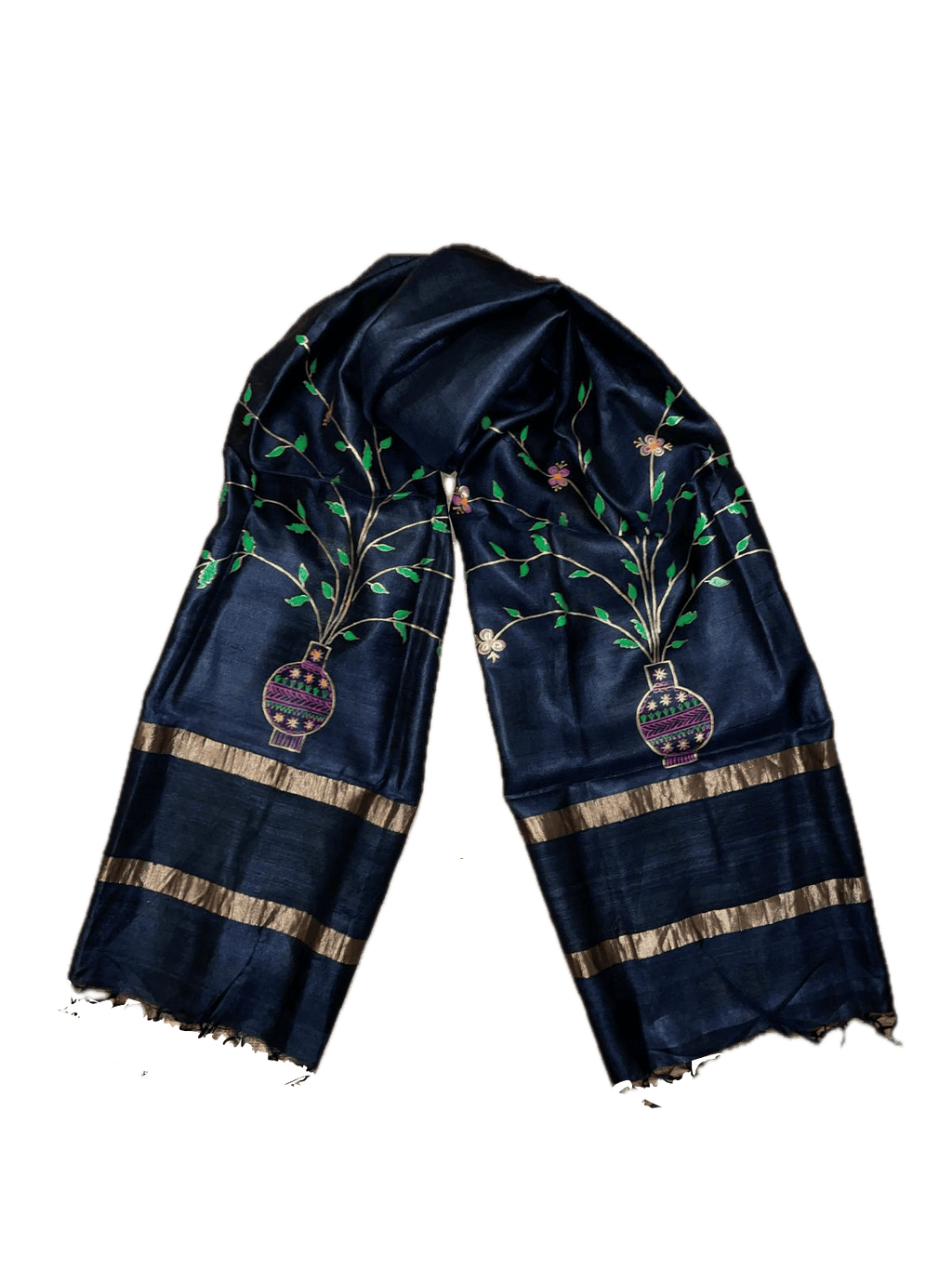 Handwoven tussar silk stole with handpainted godna art - black