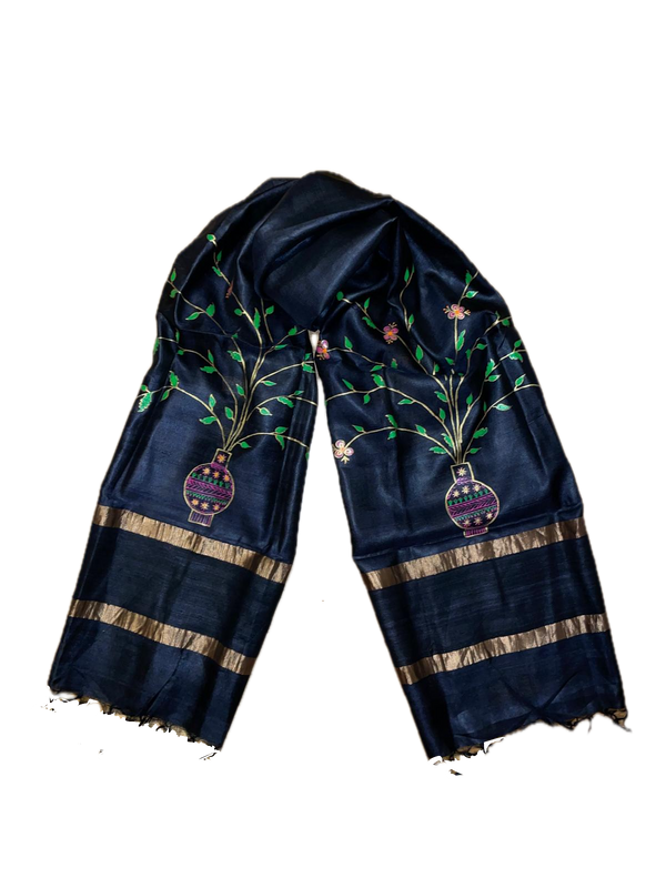 Handwoven tussar silk stole with handpainted godna art - black