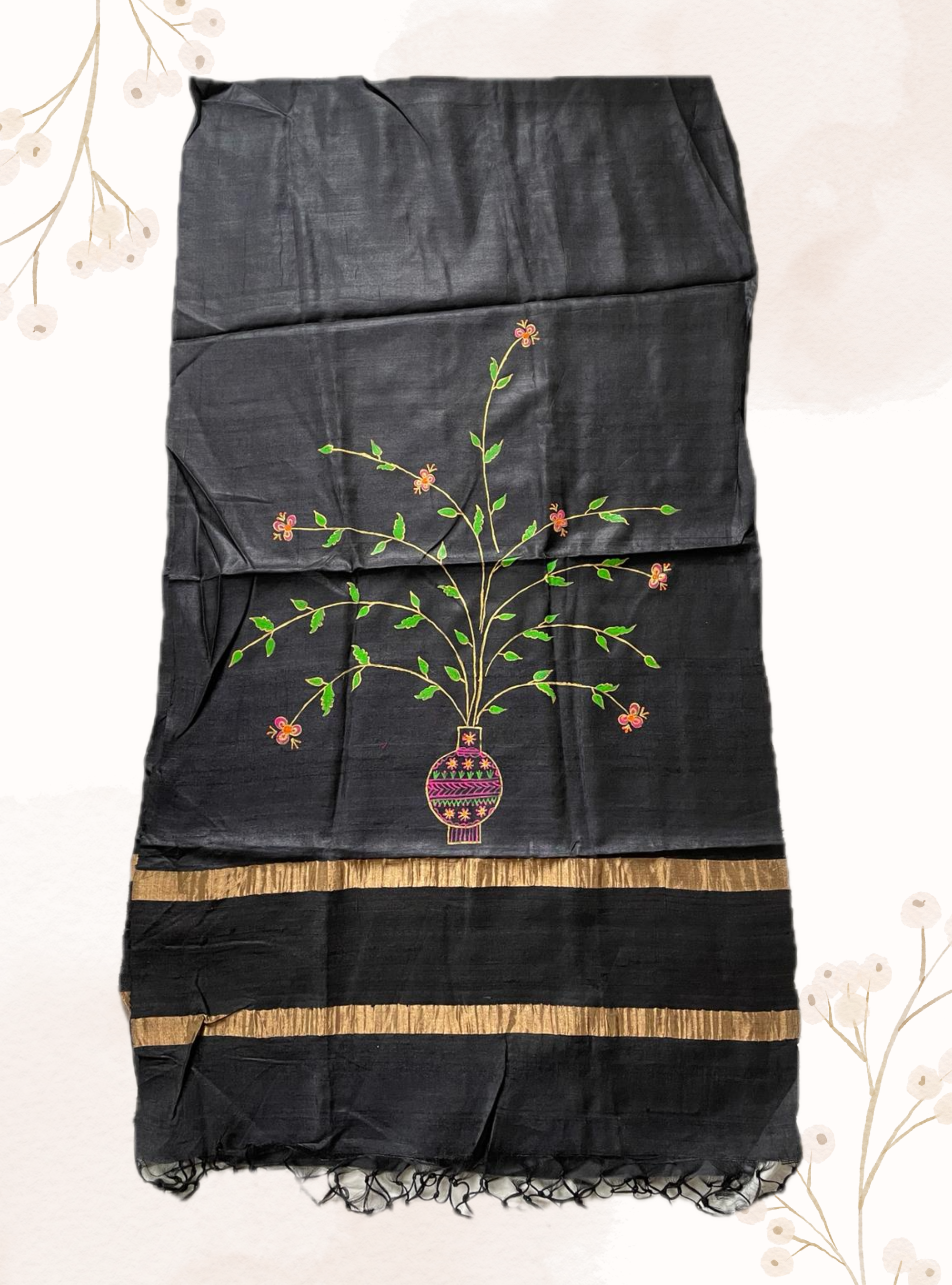 Handwoven tussar silk stole with handpainted godna art - black SILK BLACK