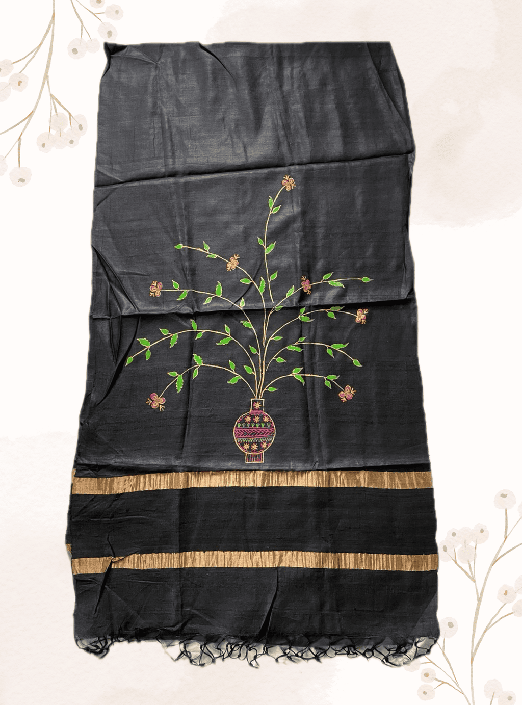 Handwoven tussar silk stole with handpainted godna art - black SILK BLACK