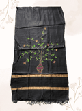 Handwoven tussar silk stole with handpainted godna art - black SILK BLACK