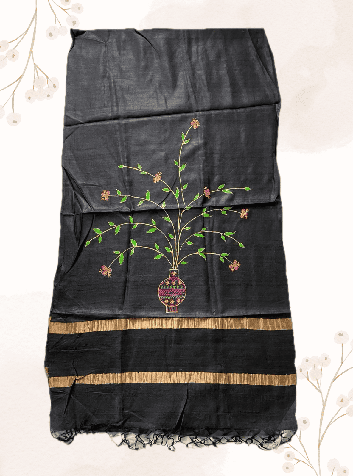 Handwoven tussar silk stole with handpainted godna art - black SILK BLACK