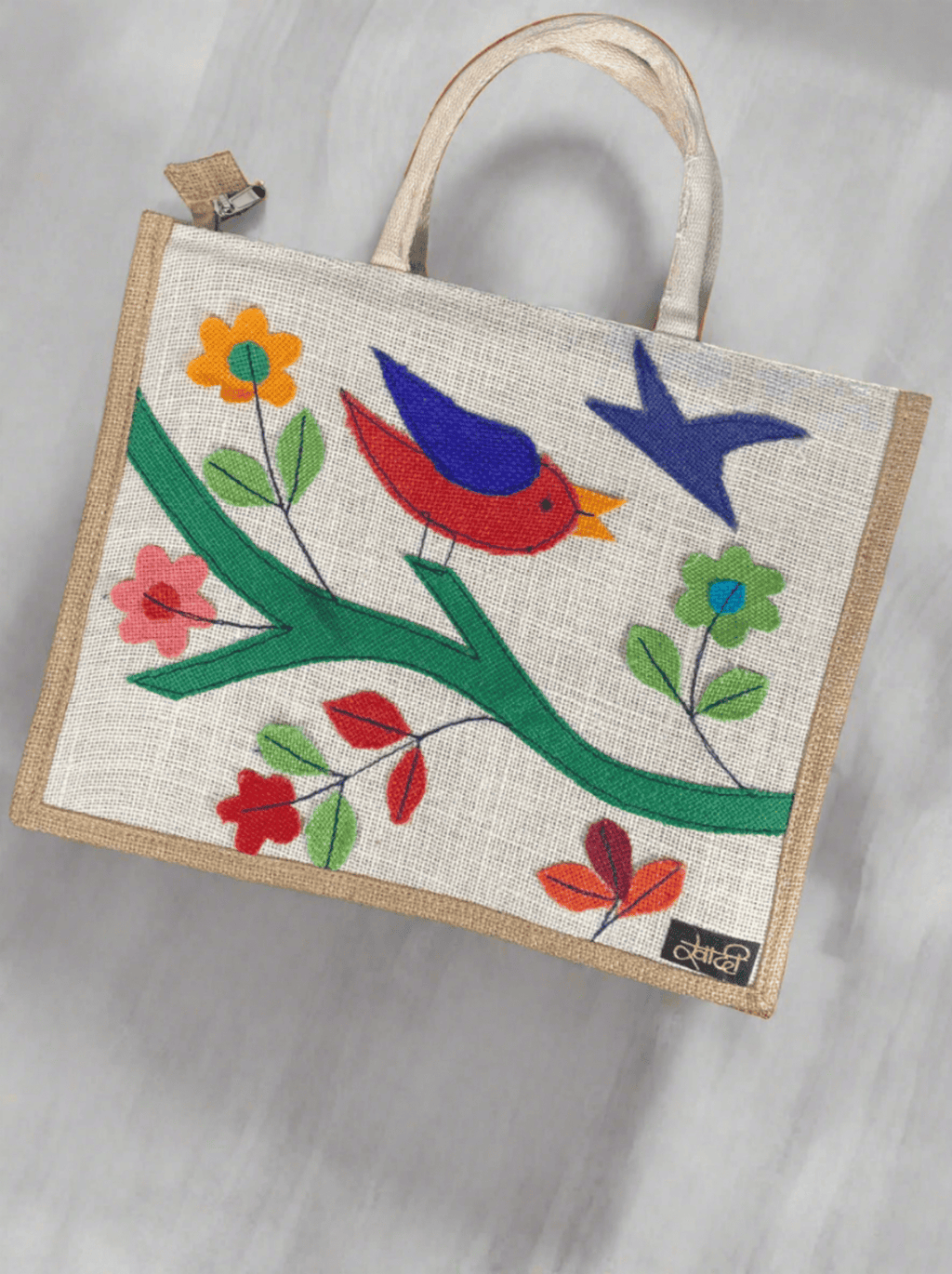 Eco-Friendly Flower & Bird Stitched Burlap Tote Bag