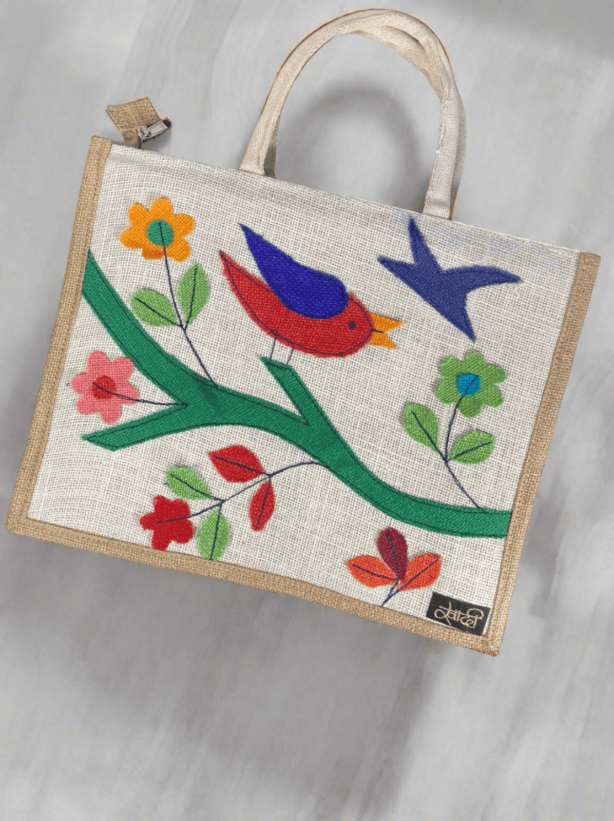 Eco-Friendly Flower & Bird Stitched Burlap Tote Bag