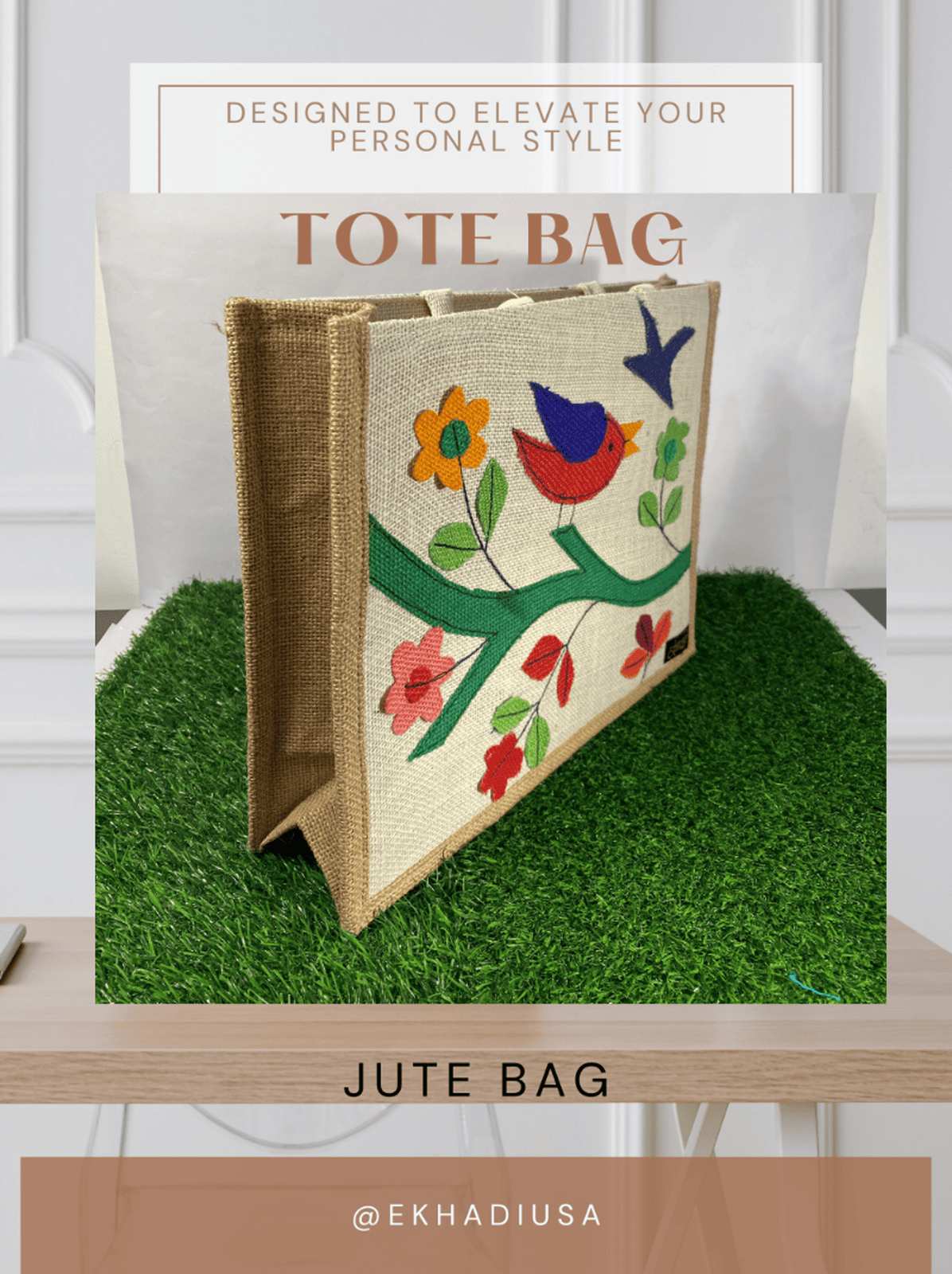 Eco-Friendly Flower & Bird Stitched Burlap Tote Bag