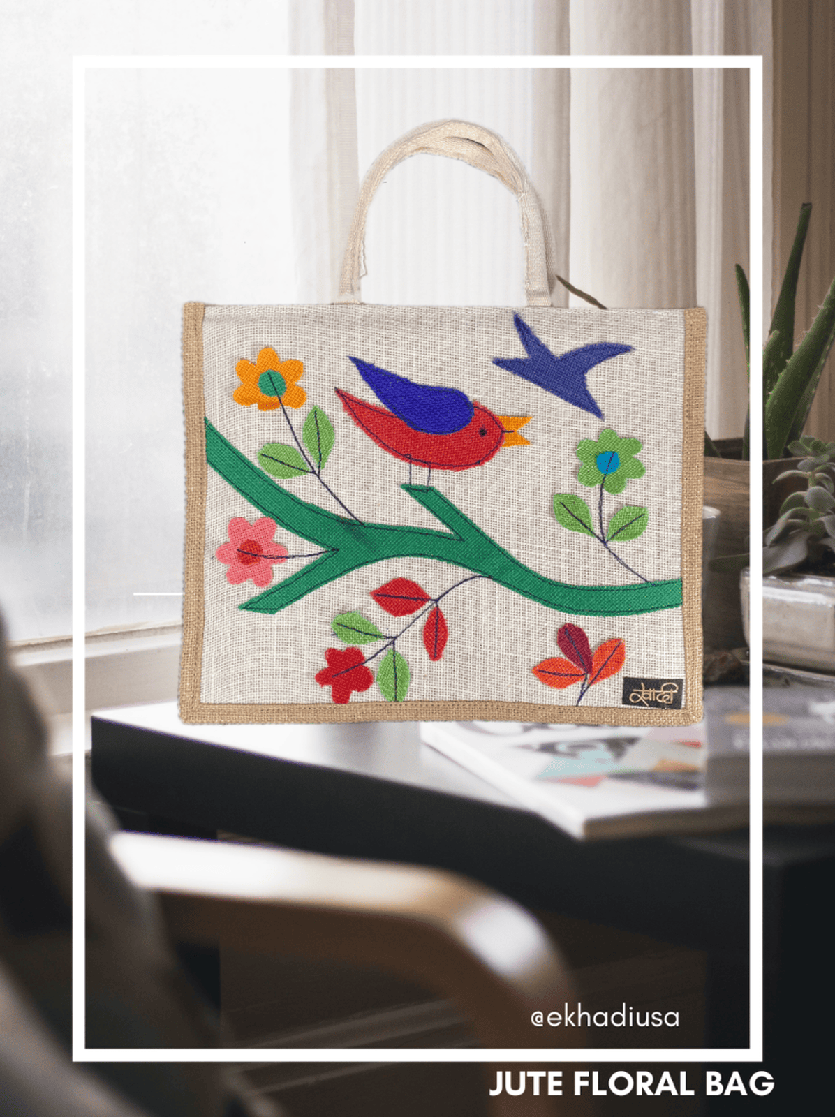 Eco-Friendly Flower & Bird Stitched Burlap Tote Bag