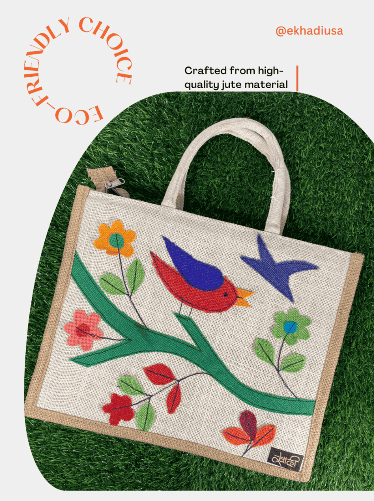 Eco-Friendly Flower & Bird Stitched Burlap Tote Bag