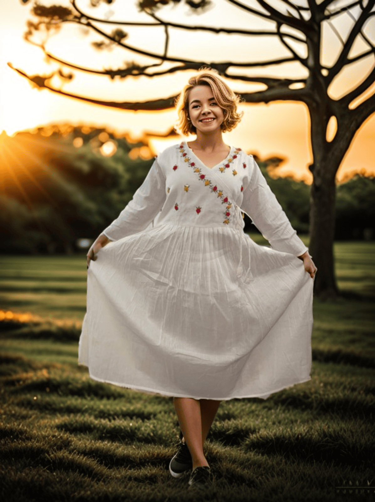 Khadi Organic Cotton Dress – Timeless Elegance with Floral Embroidery