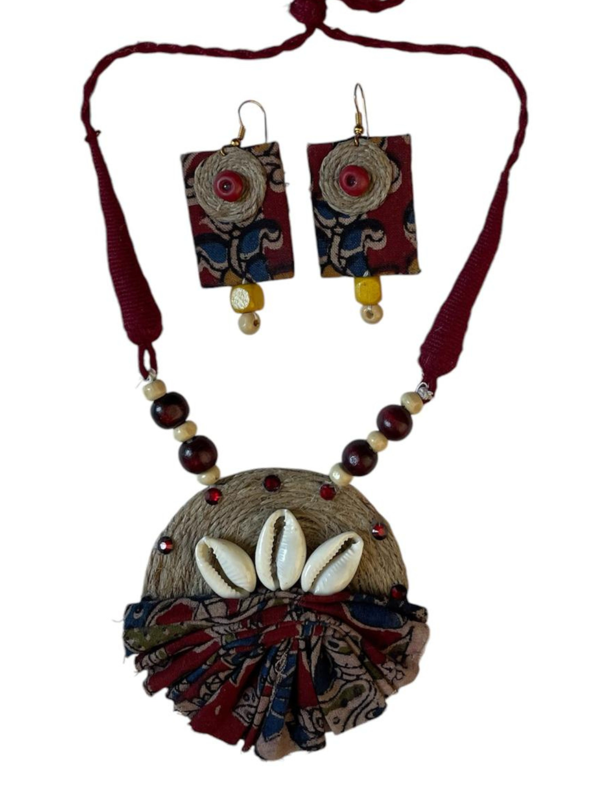 Eco-friendly Handmade Maroon Cloth with Kawri Necklace set main || Jute Jewelry Set || Beach Wedding Jewelry for Bride