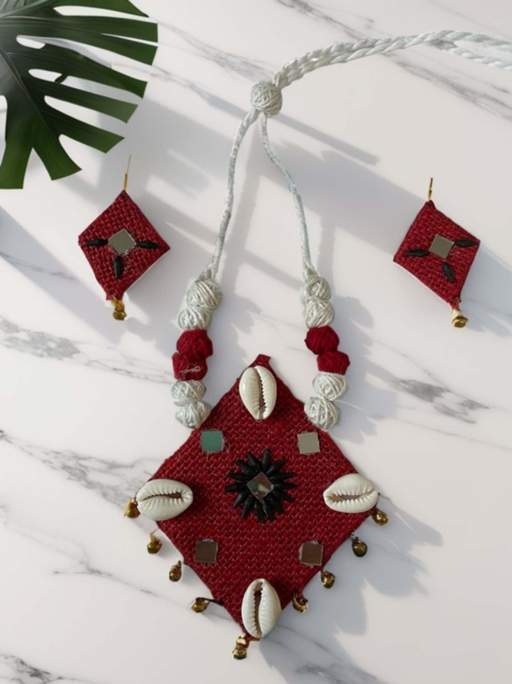 Eco-friendly Handmade Maroon Diamond shape Necklace set || Jute Jewelry Set || Beach Wedding Jewelry for Bride