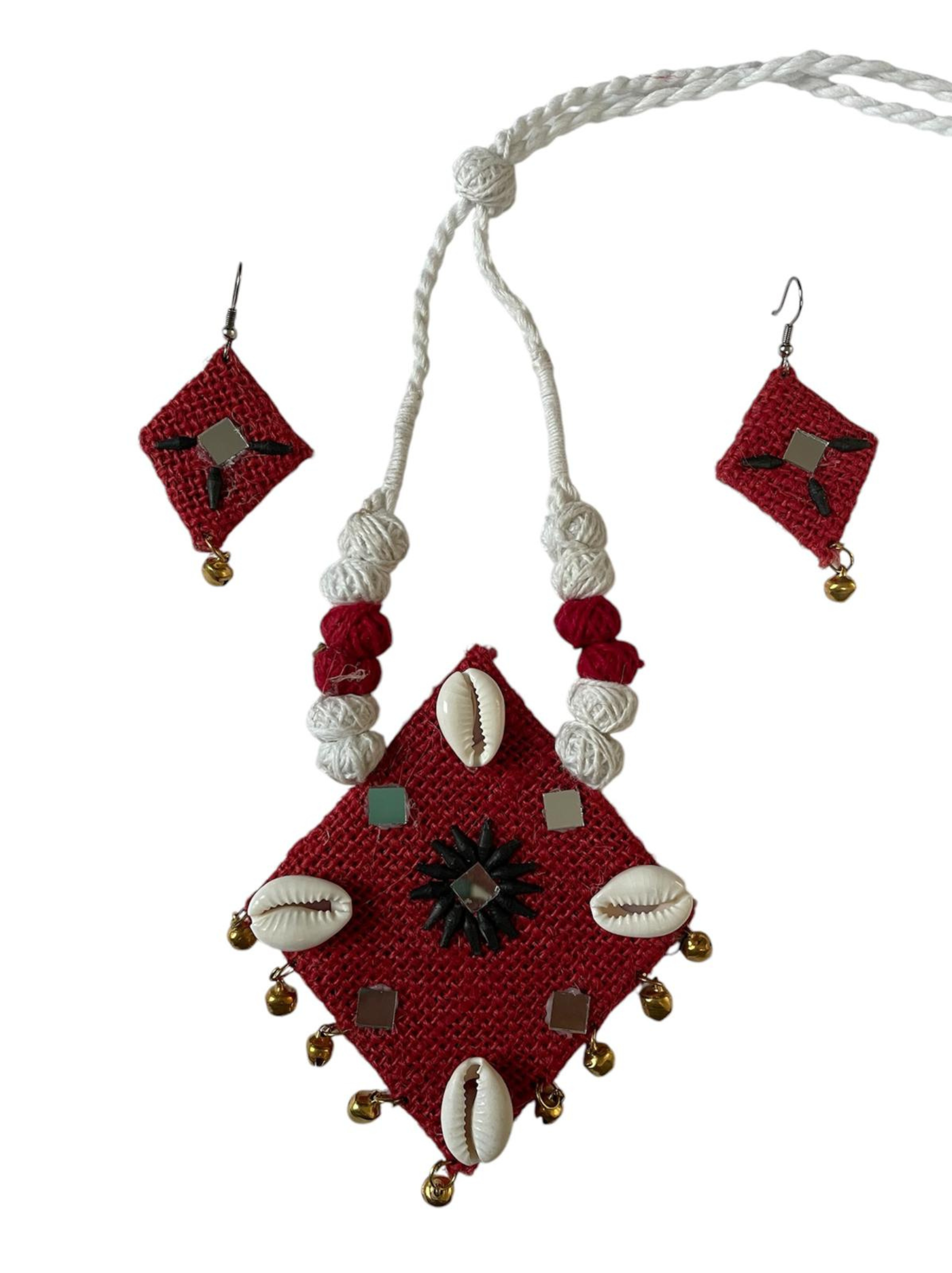 Eco-friendly Handmade Maroon Diamond shape Necklace set || Jute Jewelry Set || Beach Wedding Jewelry for Bride