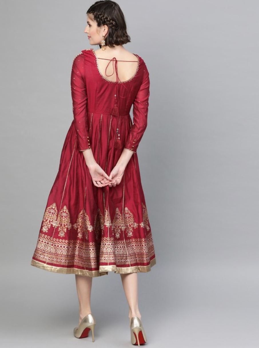 Maroon & Golden Ethnic Motifs Embroidered A-Line Dress