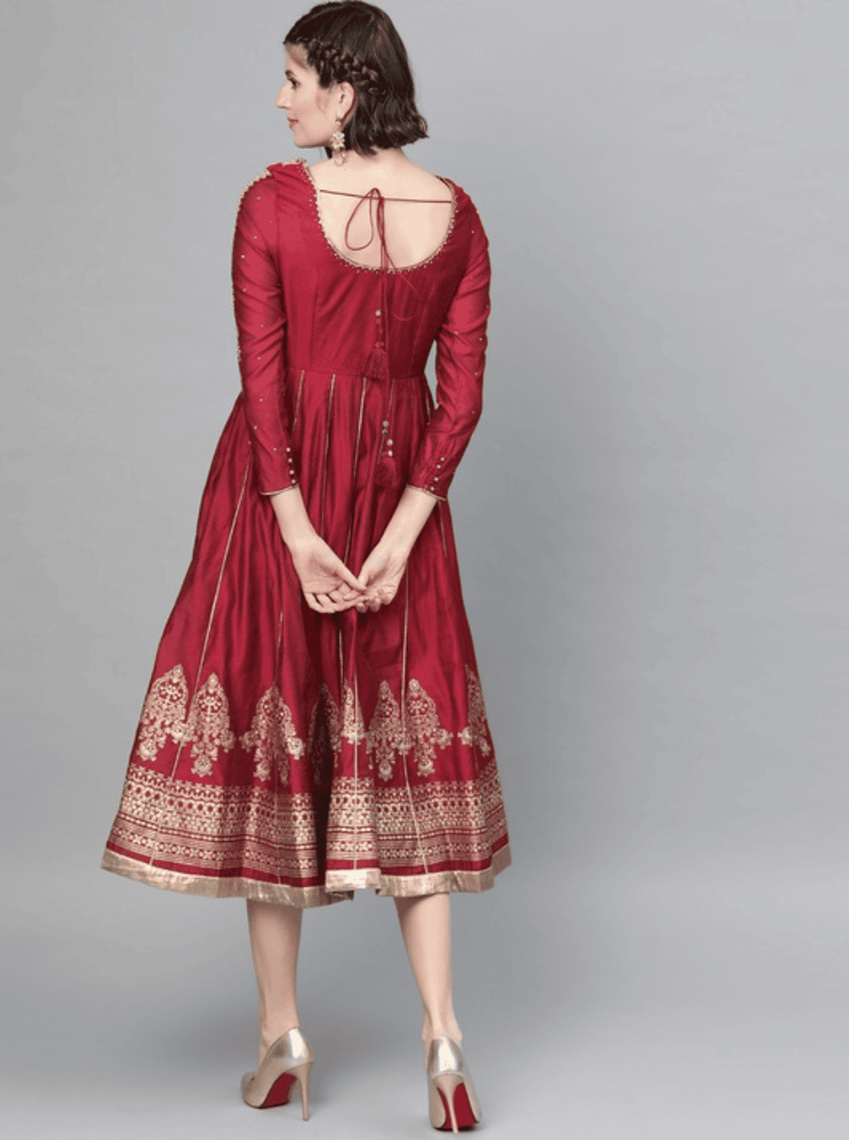 Red & golden ethnic motifs embroidered A-Line dress