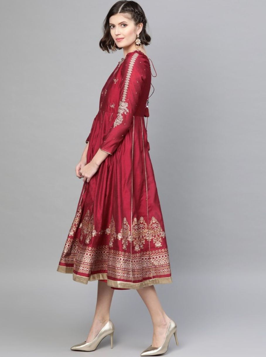 Maroon & Golden Ethnic Motifs Embroidered A-Line Dress