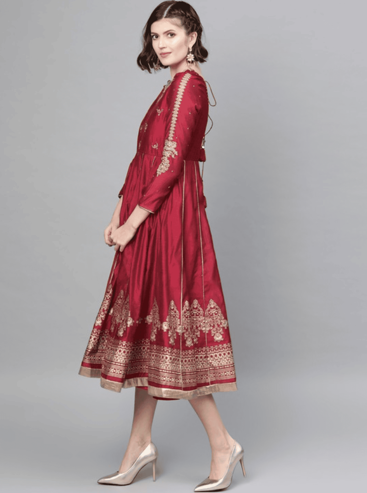 Red & golden ethnic motifs embroidered A-Line dress