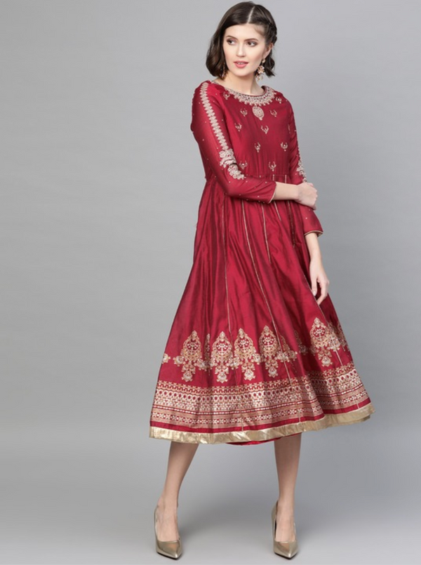 Red & golden ethnic motifs embroidered A-Line dress