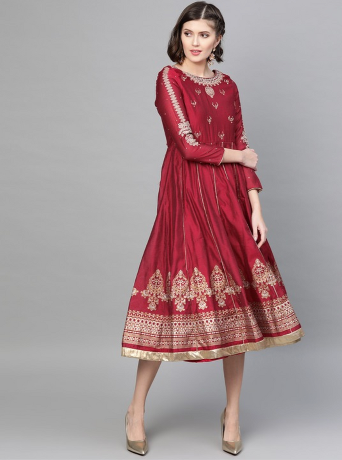 Maroon & golden ethnic motifs embroidered a-line dress - cotton / m - women