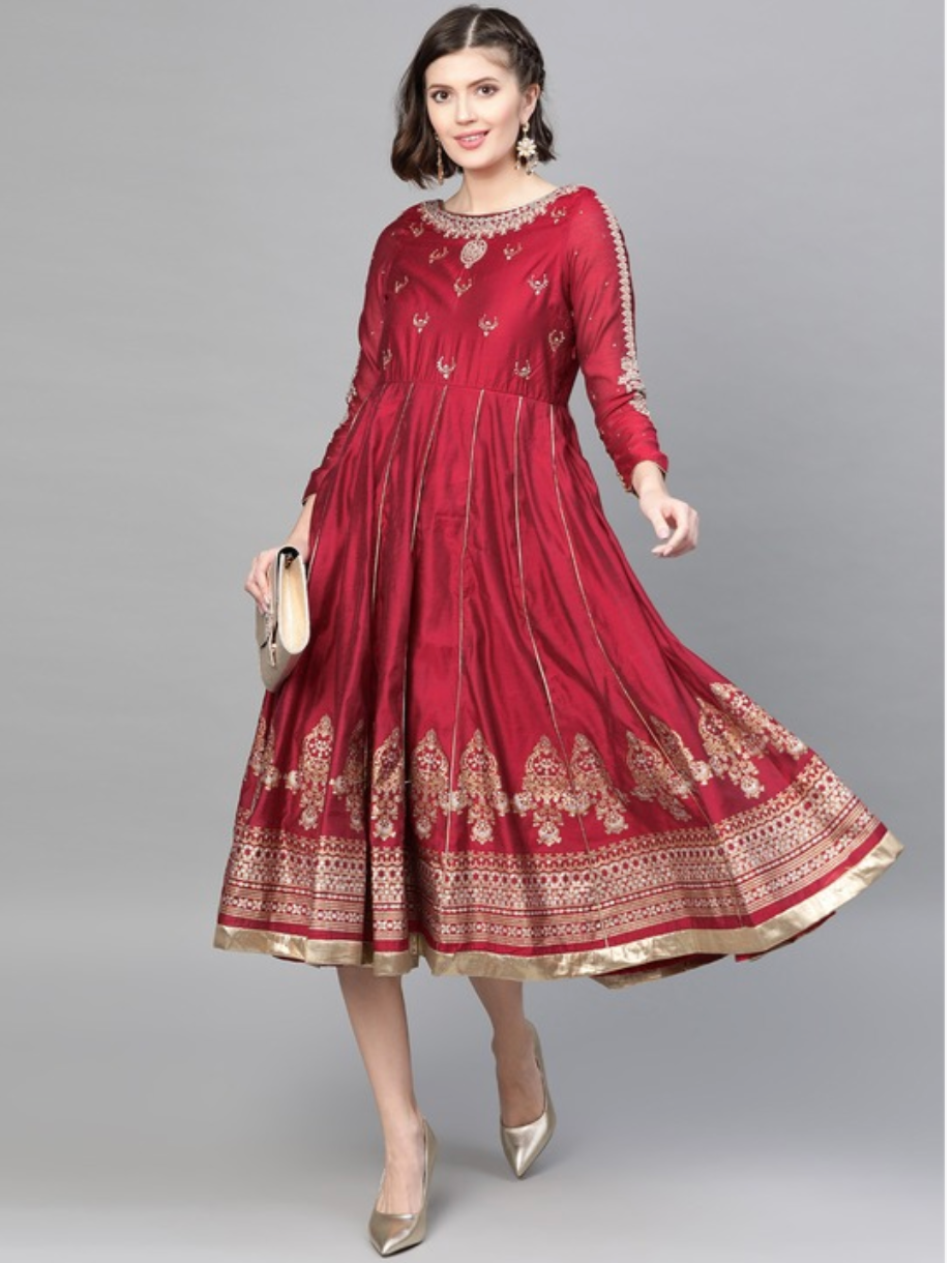 Maroon & Golden Ethnic Motifs Embroidered A-Line Dress