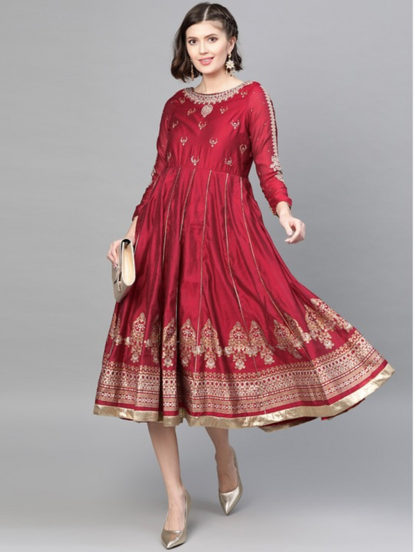 Red & golden ethnic motifs embroidered A-Line dress SILK RED M