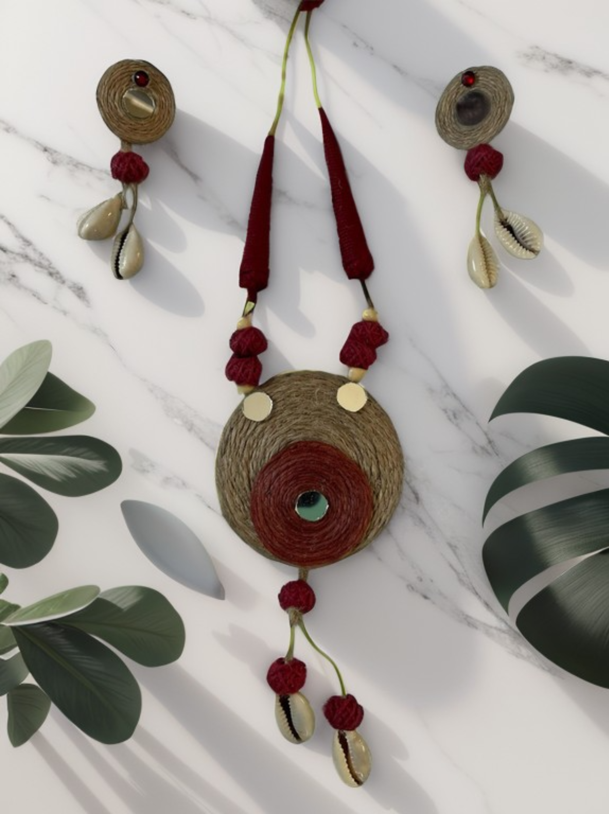 Eco-friendly Handmade Maroon round with tassel necklace set || Jute Jewelry Set || Beach Wedding Jewelry for Bride