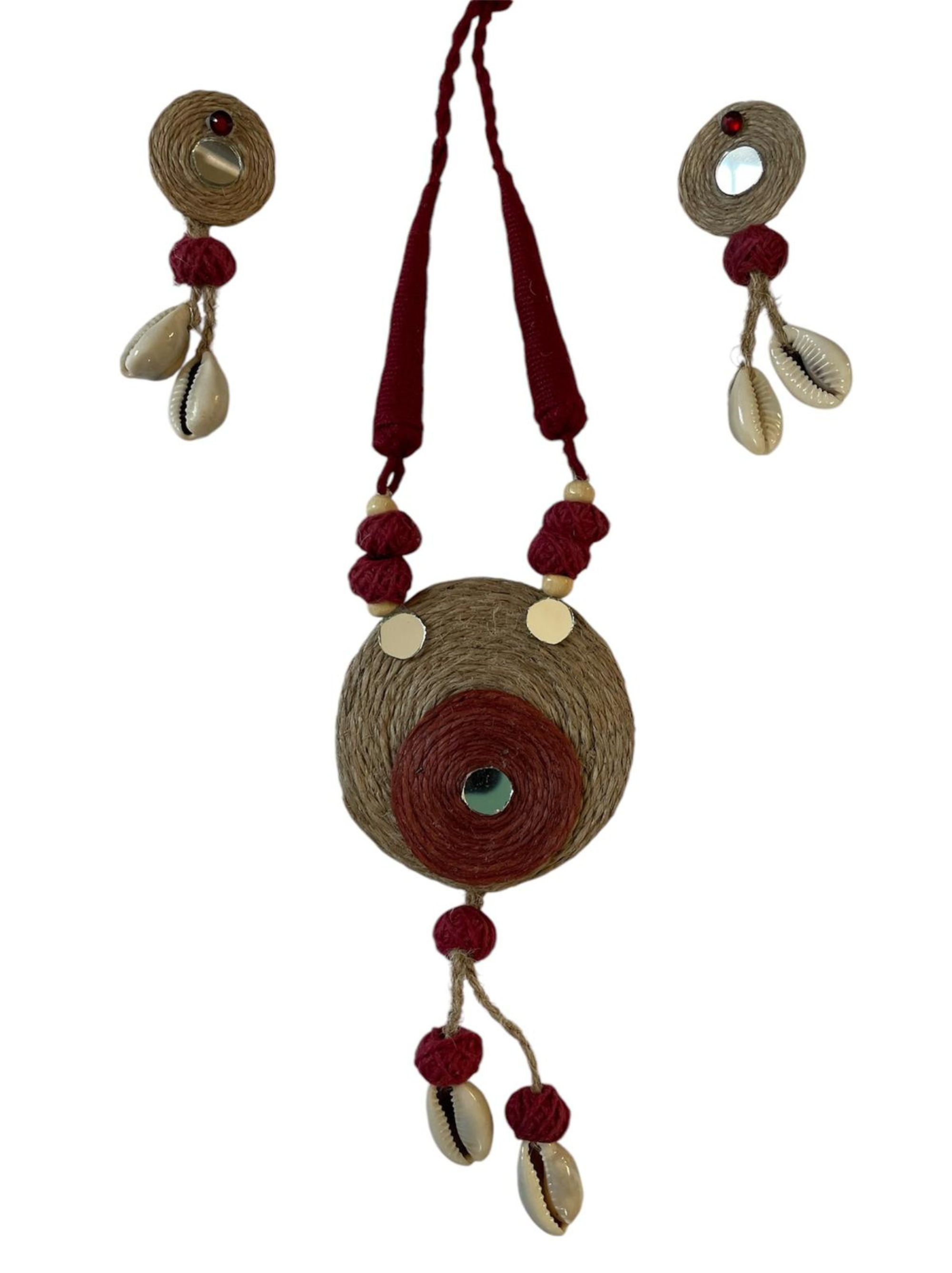 Eco-friendly Handmade Maroon round with tassel necklace set || Jute Jewelry Set || Beach Wedding Jewelry for Bride