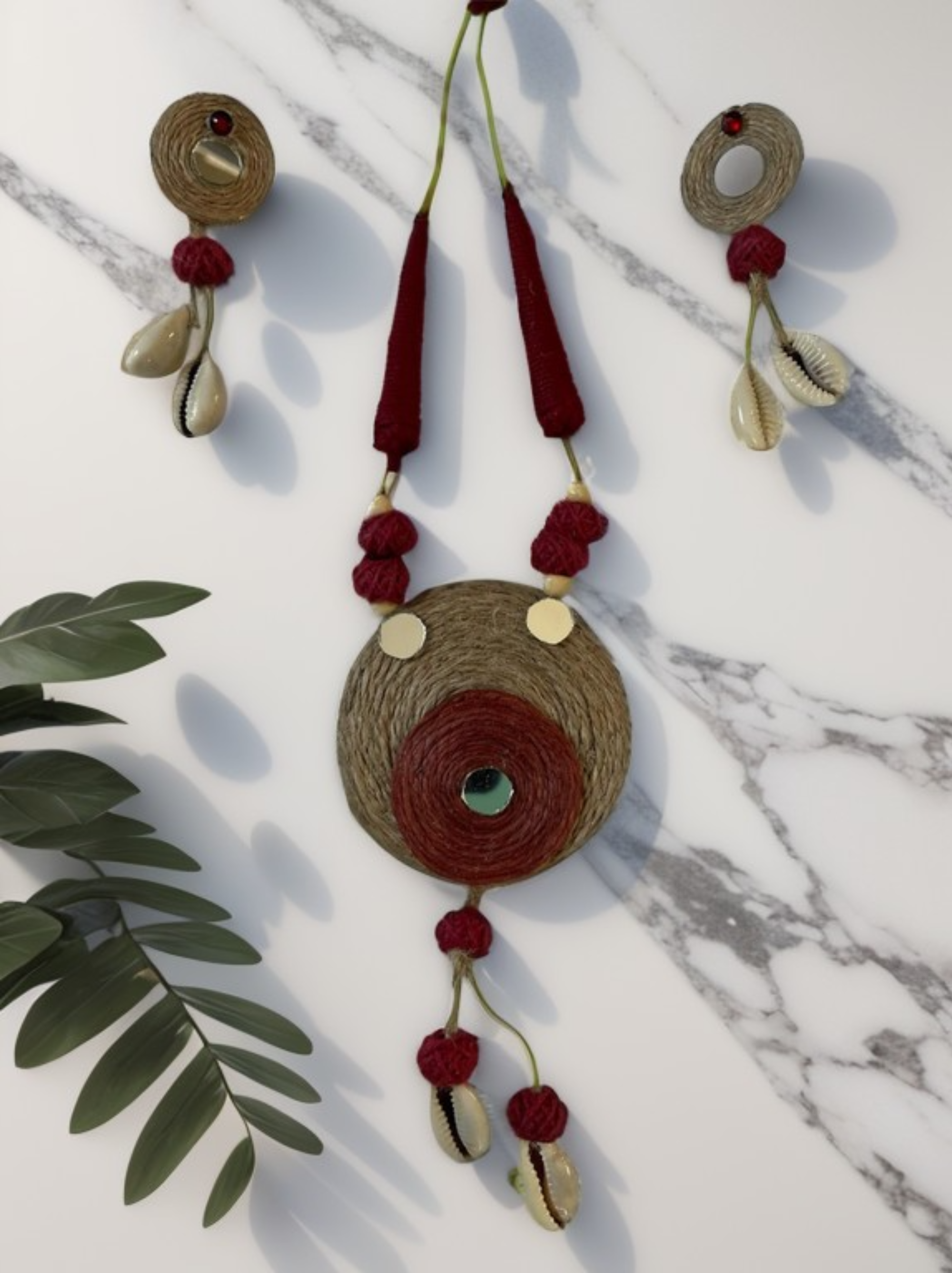 Eco-friendly Handmade Maroon round with tassel necklace set || Jute Jewelry Set || Beach Wedding Jewelry for Bride