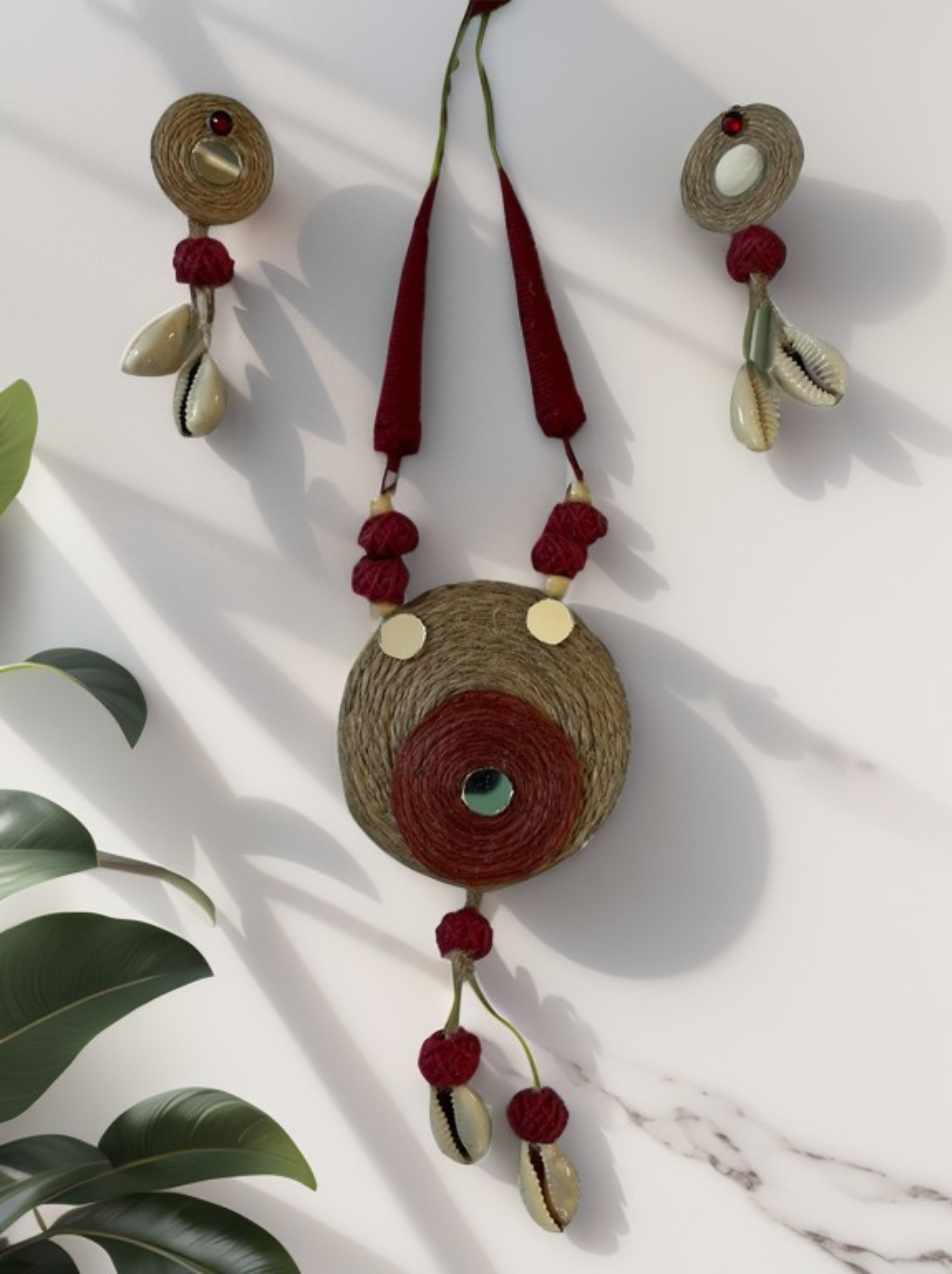 Eco-friendly Handmade Maroon round with tassel necklace set || Jute Jewelry Set || Beach Wedding Jewelry for Bride