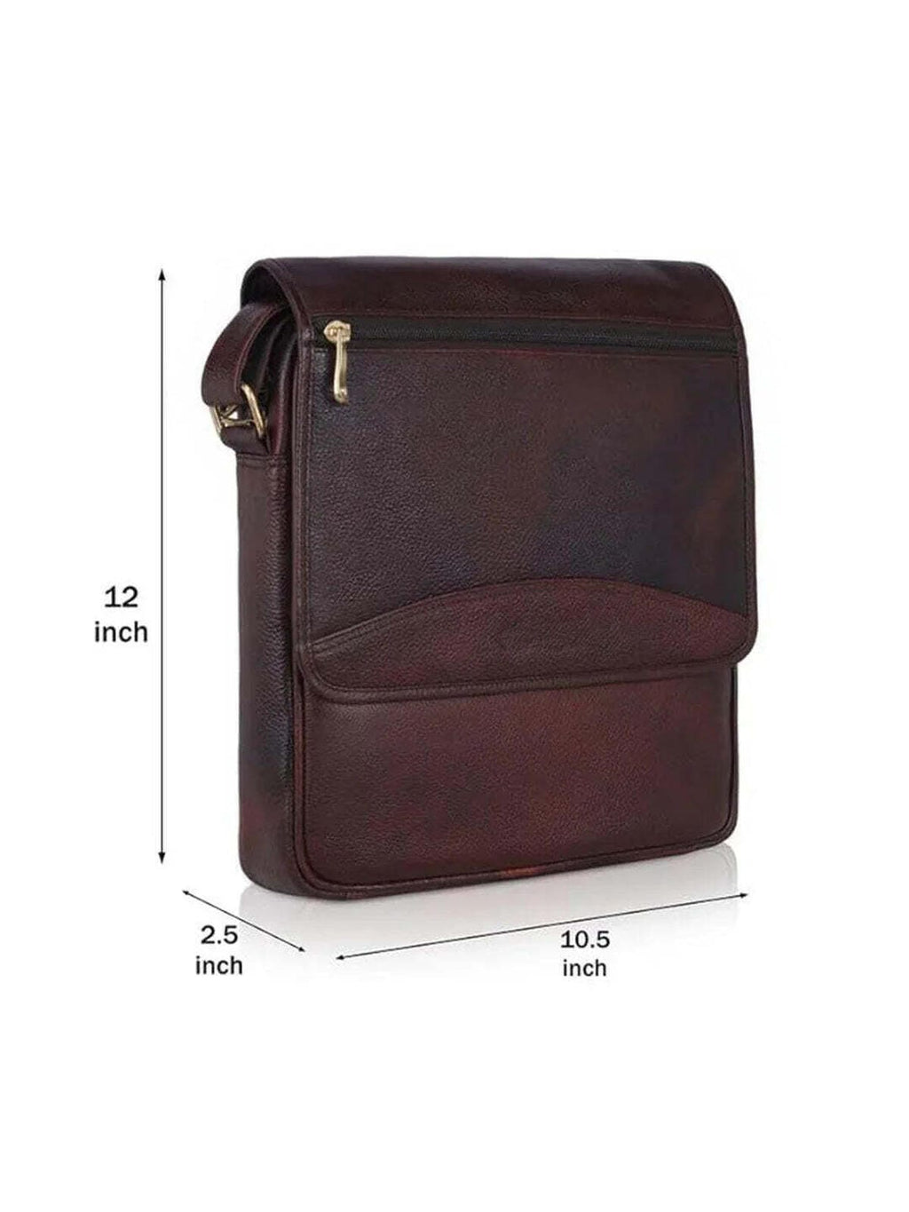 Brown leather bag with dimensions indicated on a white background