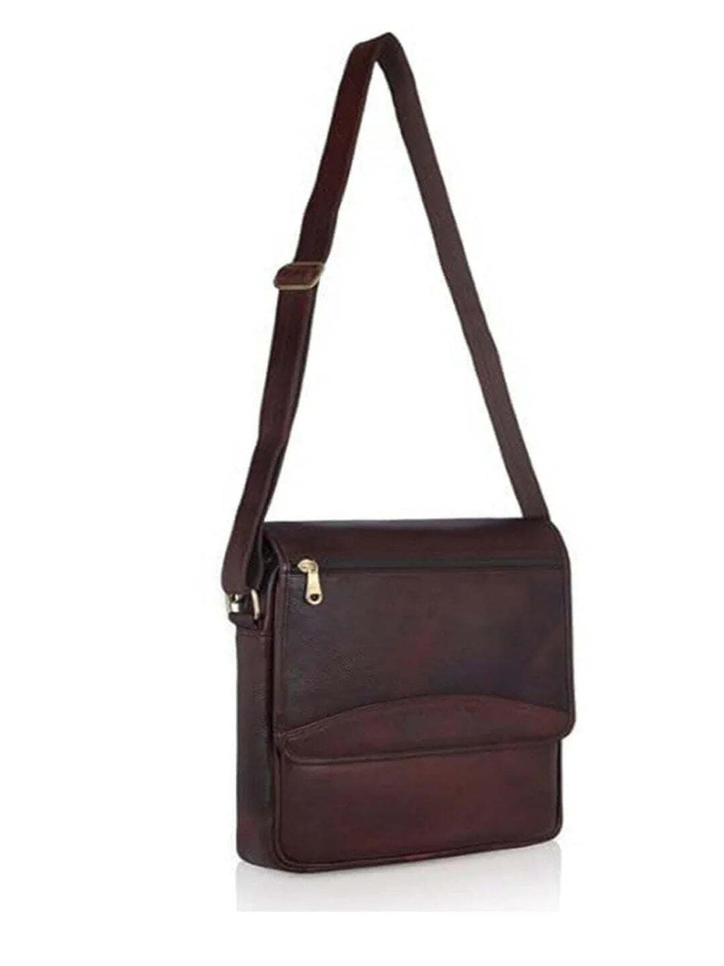 Brown leather crossbody bag on a white background