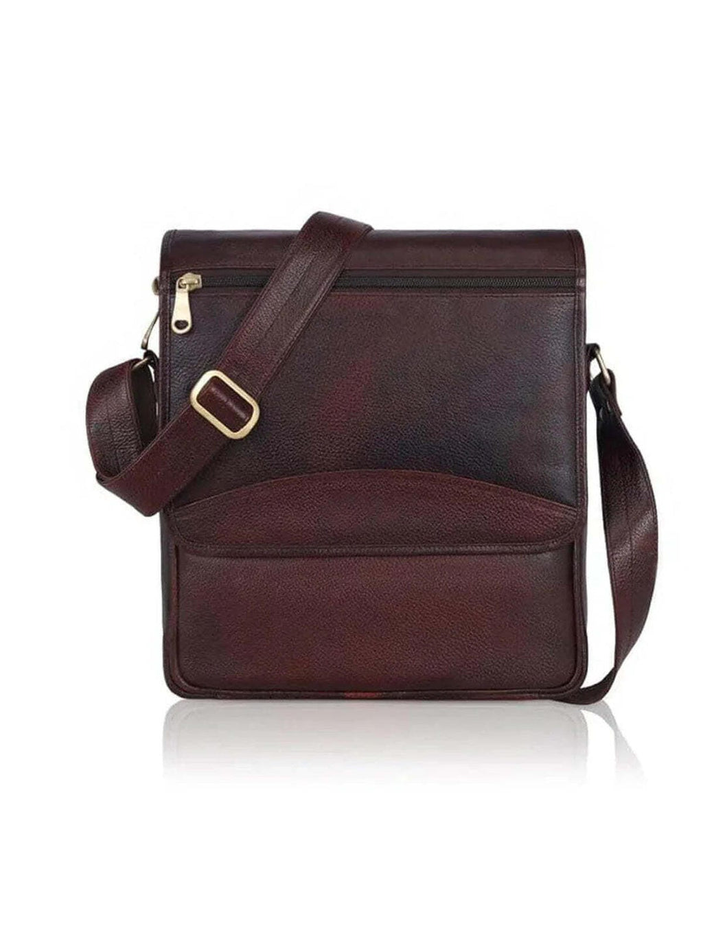 Brown leather crossbody bag with a gold buckle on a white background