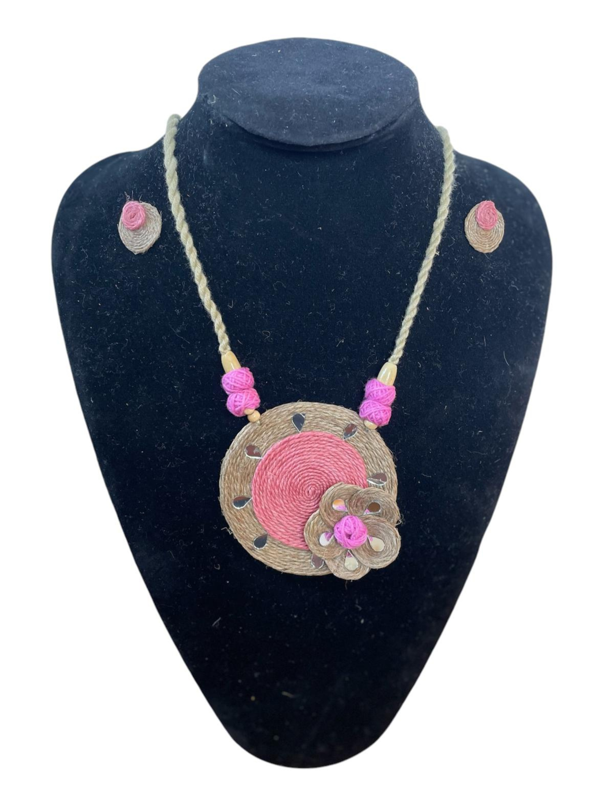 Eco-friendly Handmade Pink Flower design necklace set || Jute Jewelry Set || Beach Wedding Jewelry for Bride