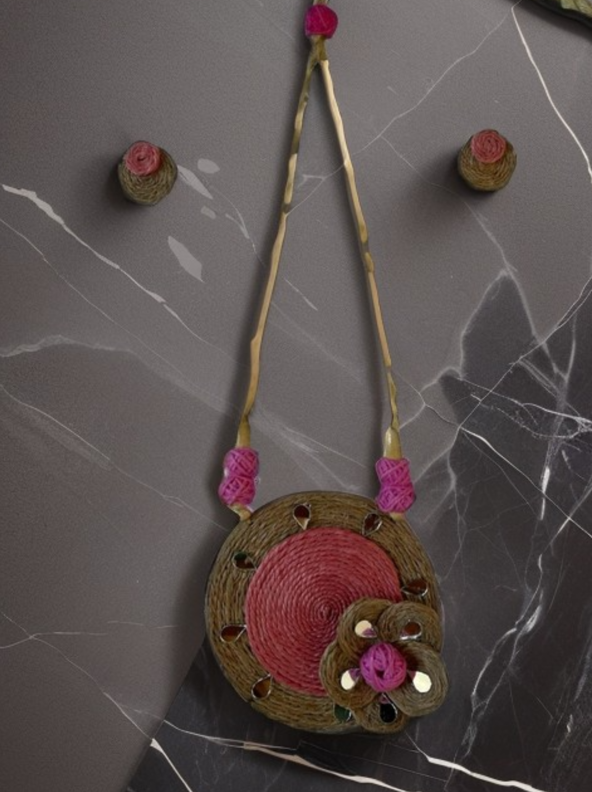 Eco-friendly Handmade Pink Flower design necklace set || Jute Jewelry Set || Beach Wedding Jewelry for Bride