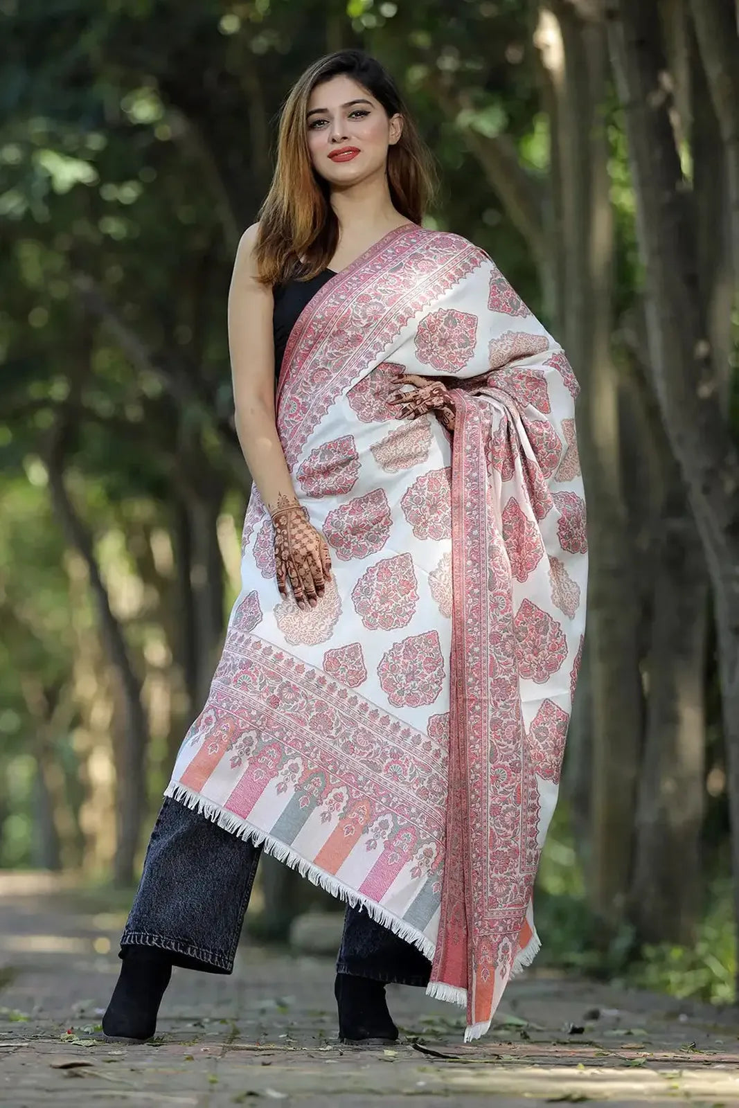 Pink color shawl with zari & kani work