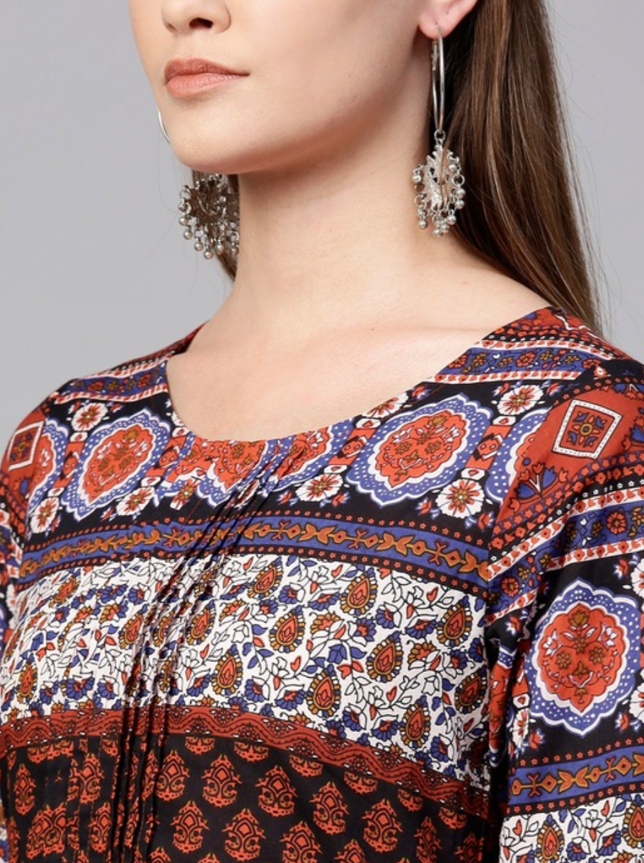 Rust Orange & Navy Blue Printed A-Line Tunic