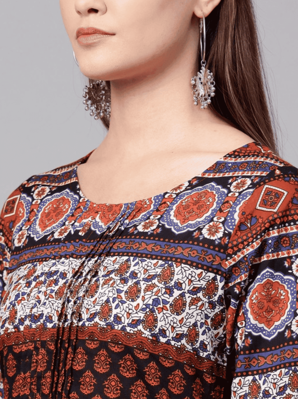 Rust orange & navy blue printed A-Line tunic
