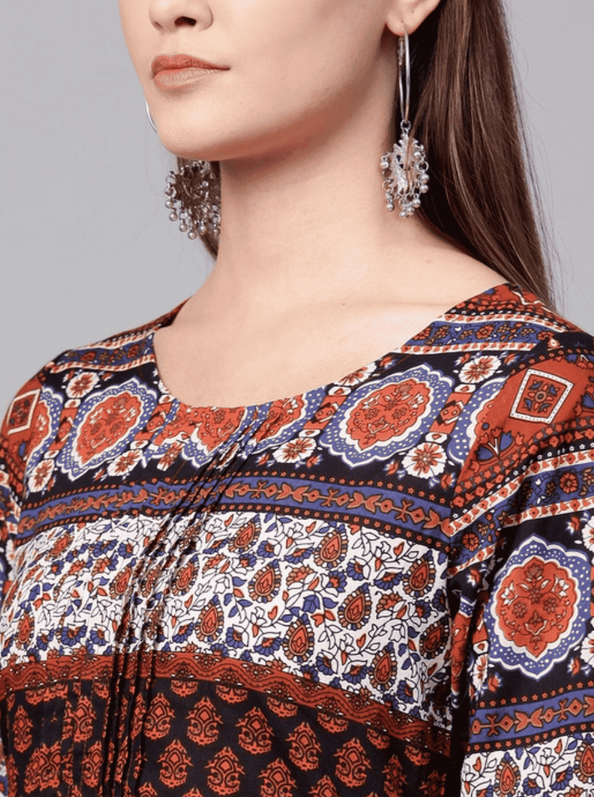 Rust orange & navy blue printed A-Line tunic