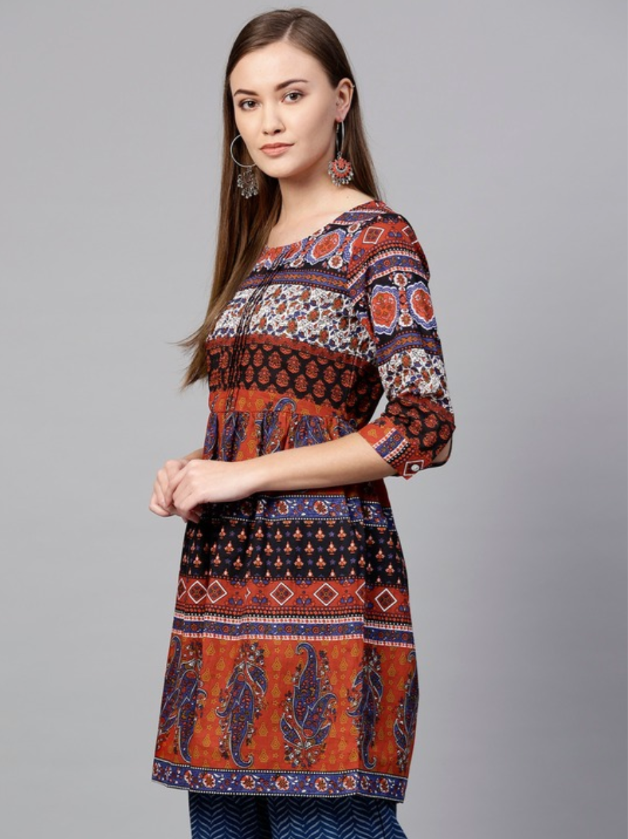 Rust Orange & Navy Blue Printed A-Line Tunic