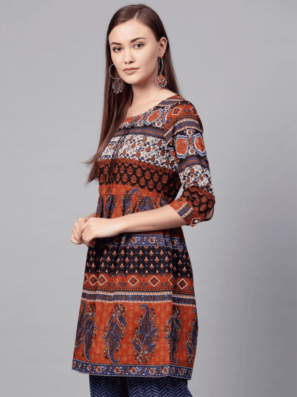 Rust orange & navy blue printed A-Line tunic